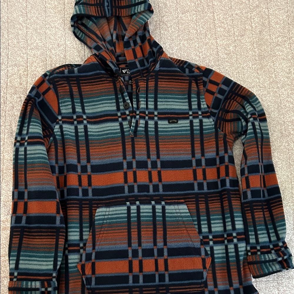 Billabong Plaid Fleece Hoodie in Orange and Blue